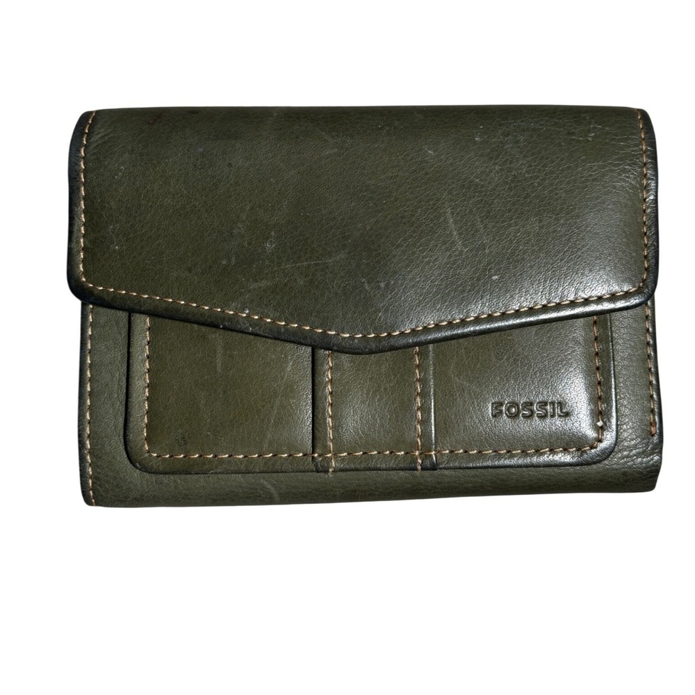Fossil Olive Green Leather Trifold Wallet Zipper Coin Pocket Snap Closure Boho
